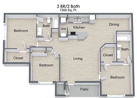 Floor plan for 3 beds, 2 baths, 1266 sqft
